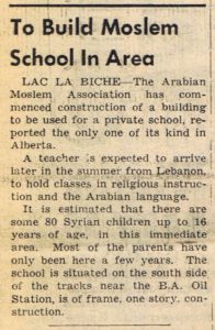 "To Build Moslem School In Area", Lac La Biche Herald, June 11, 1958