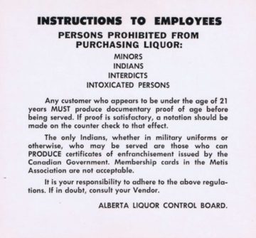Sign detailing prohibition of First Nations peoples from purchasing liquor